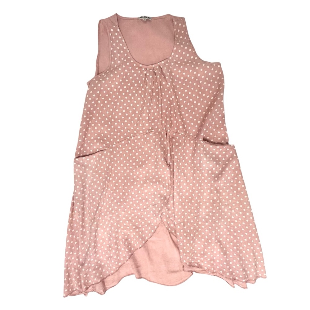 100% Lin Blanc Pink Polka Dot Linen Tunic Dress Tank Style Pockets EU 36 US S/M